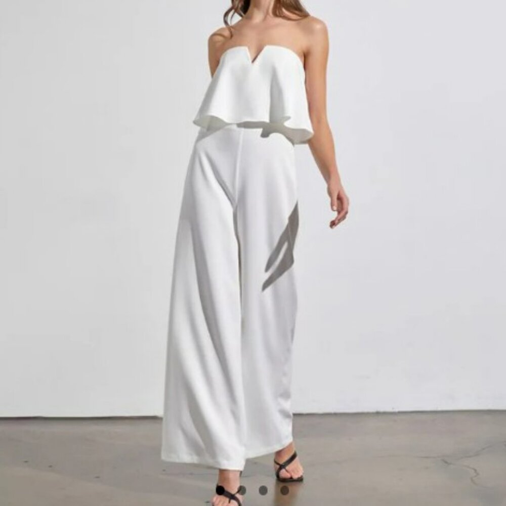 Women's Elegant White Strapless Jumpsuit Wide Legs